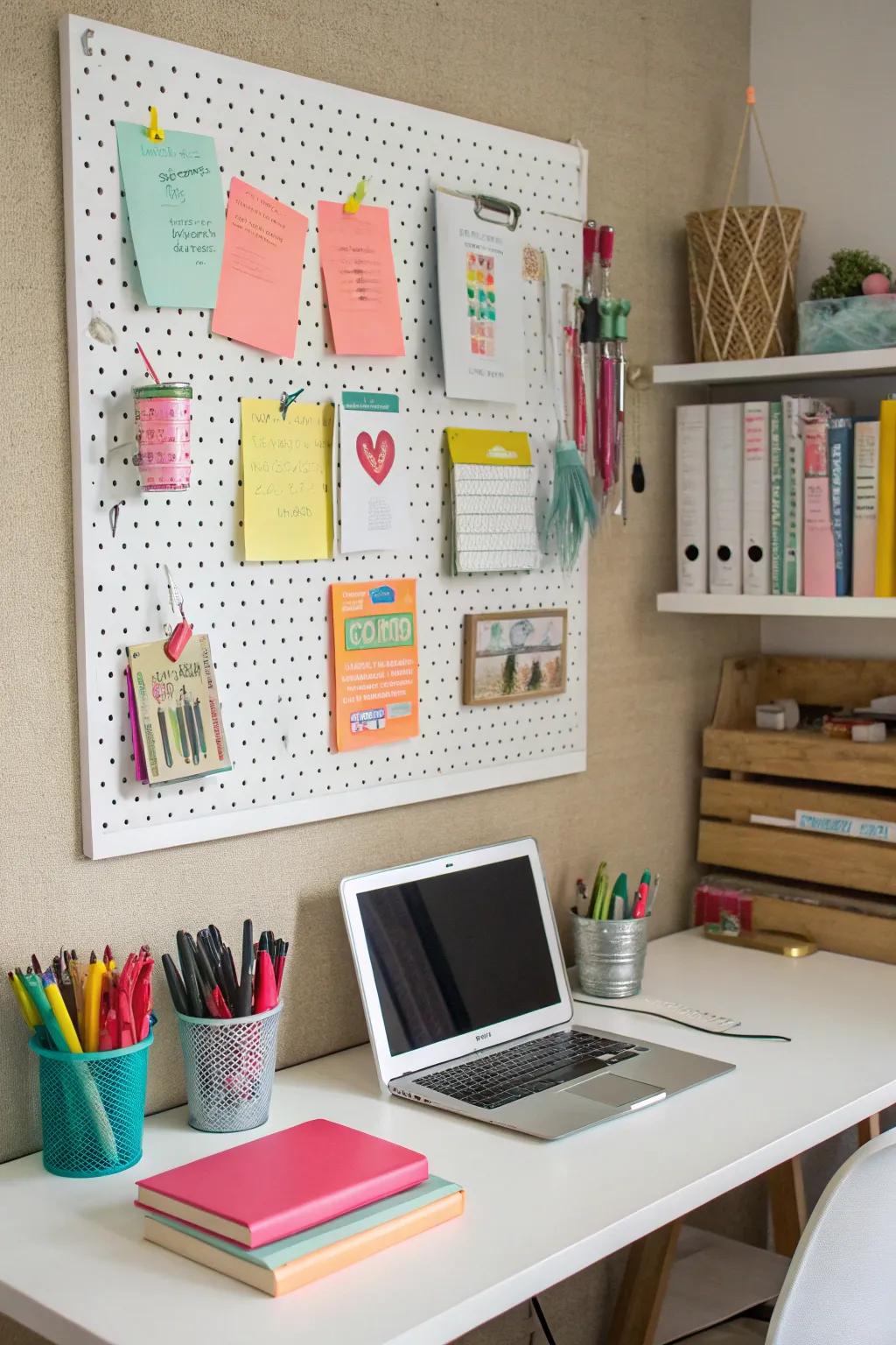 A pegboard provides flexible storage.
