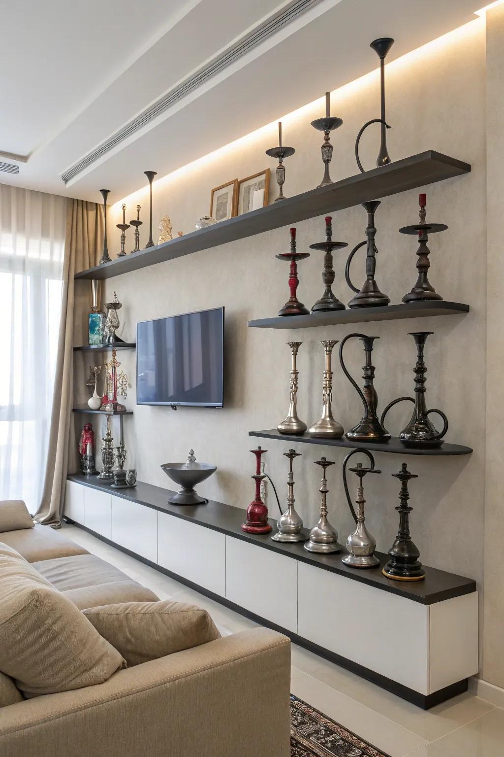 Floating shelves offer a minimalist and organized display for shisha.