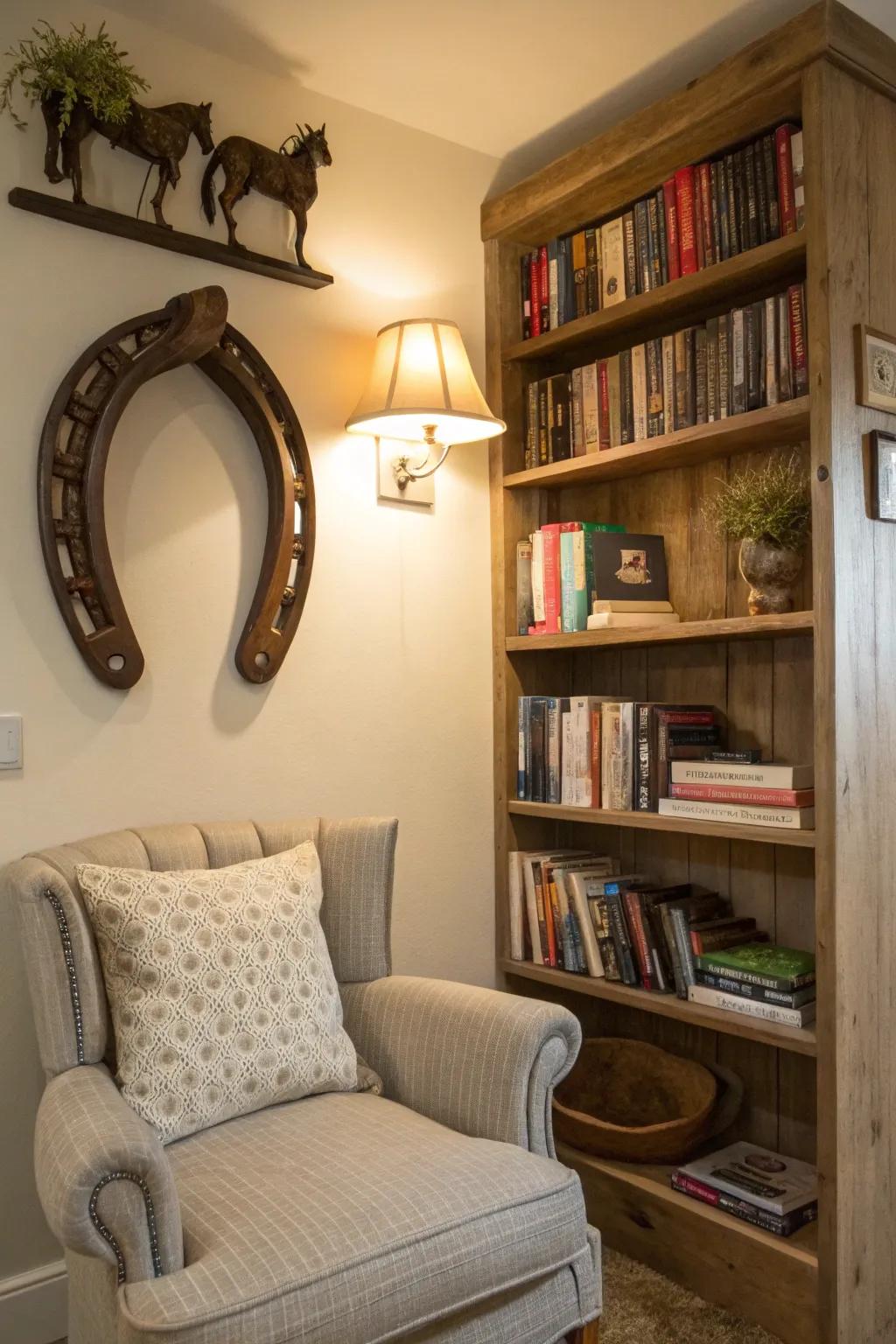 A horse collar converted into an ornamental shelf displaying books and keepsakes.