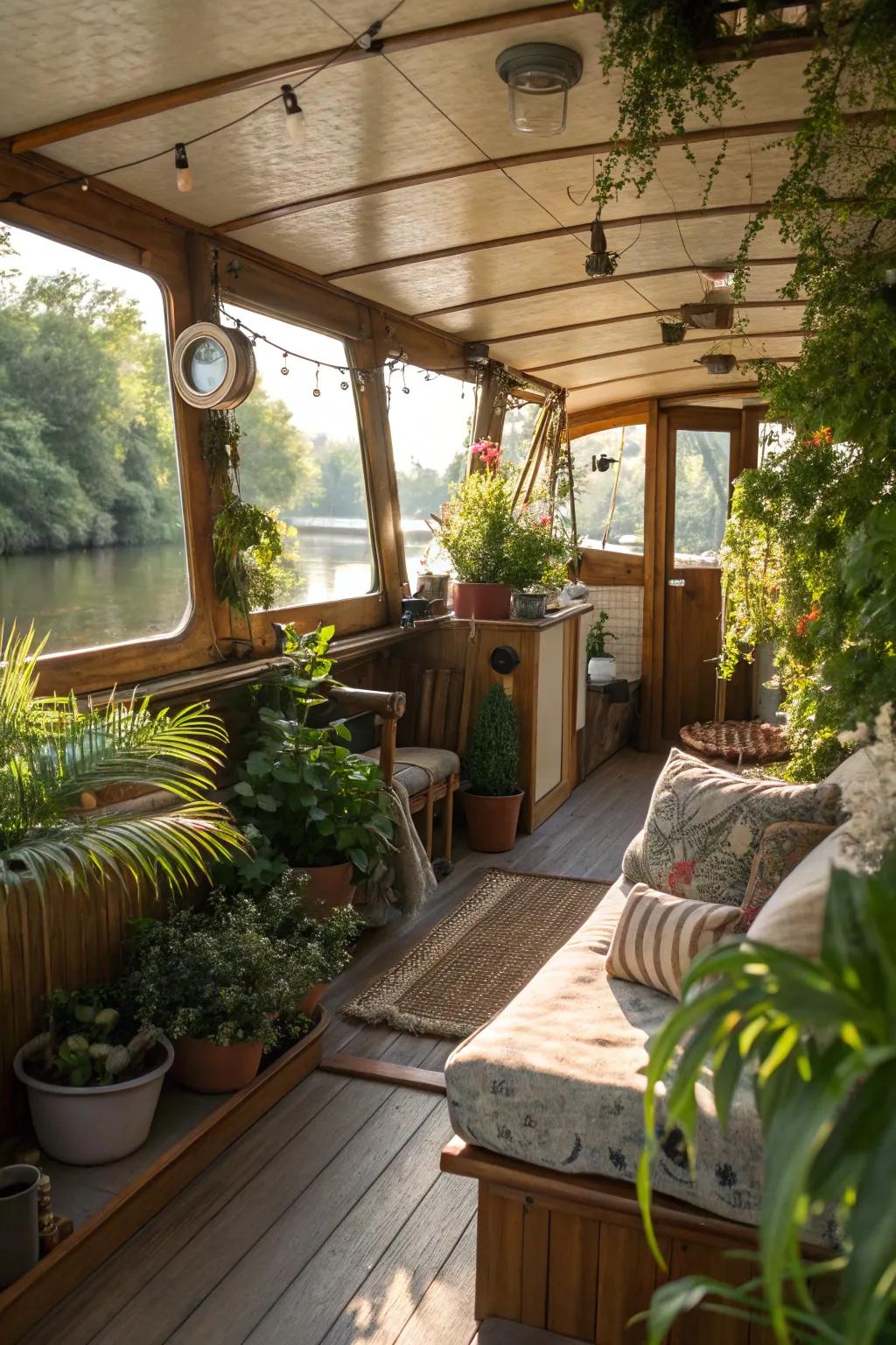 Greenery adds a refreshing touch to the interior of this houseboat.
