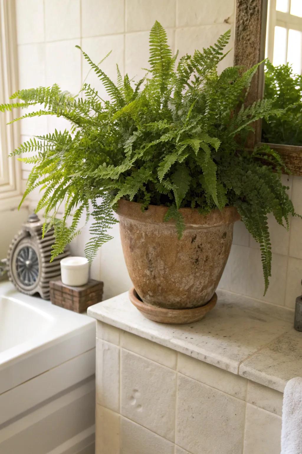 Ferns bringing a touch of the outdoors to the restroom.