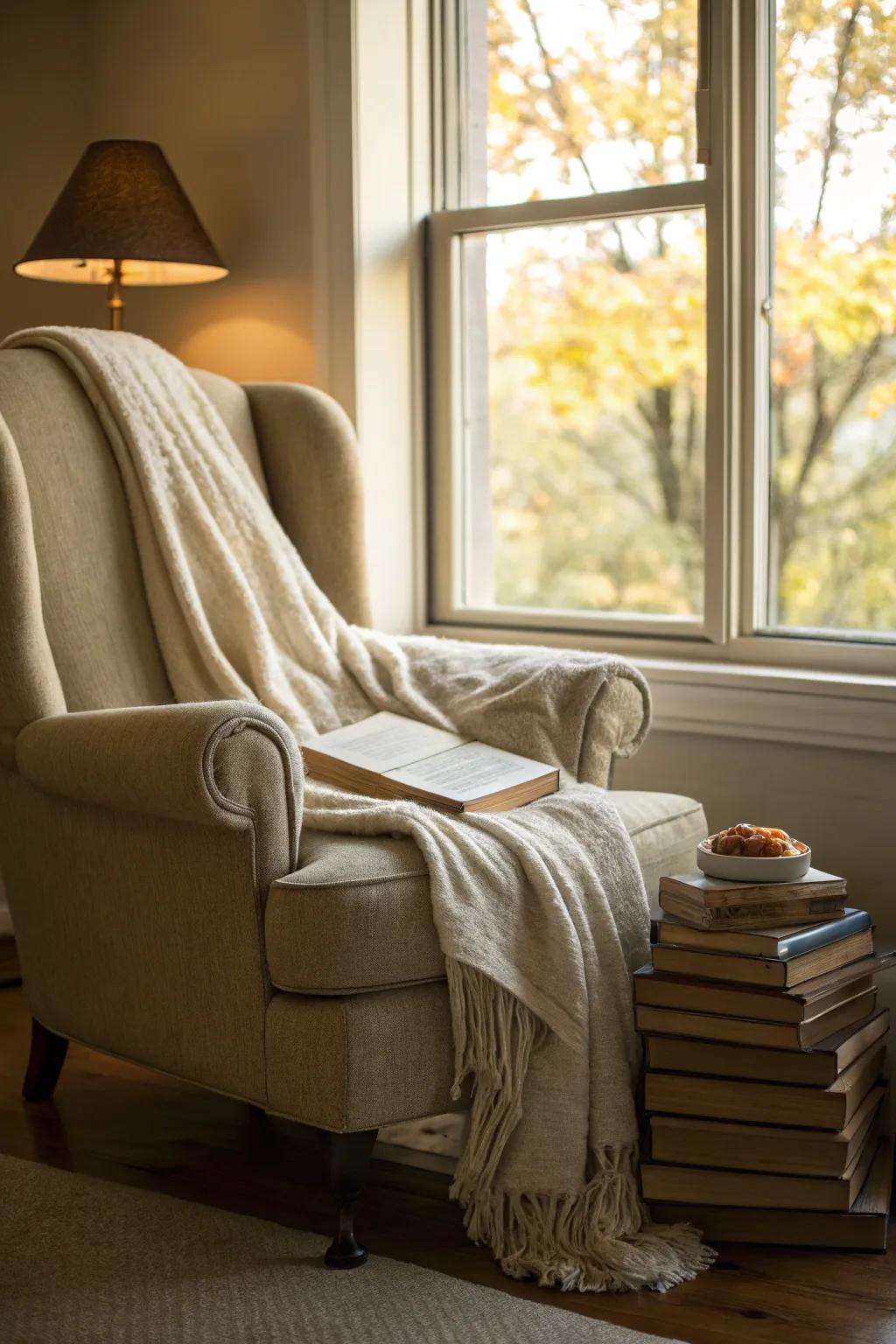 A cozy reading area perfect for relaxing in autumn.