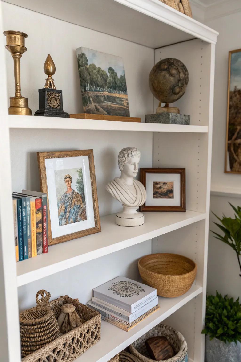 Fine art pieces enhance shelf decor.