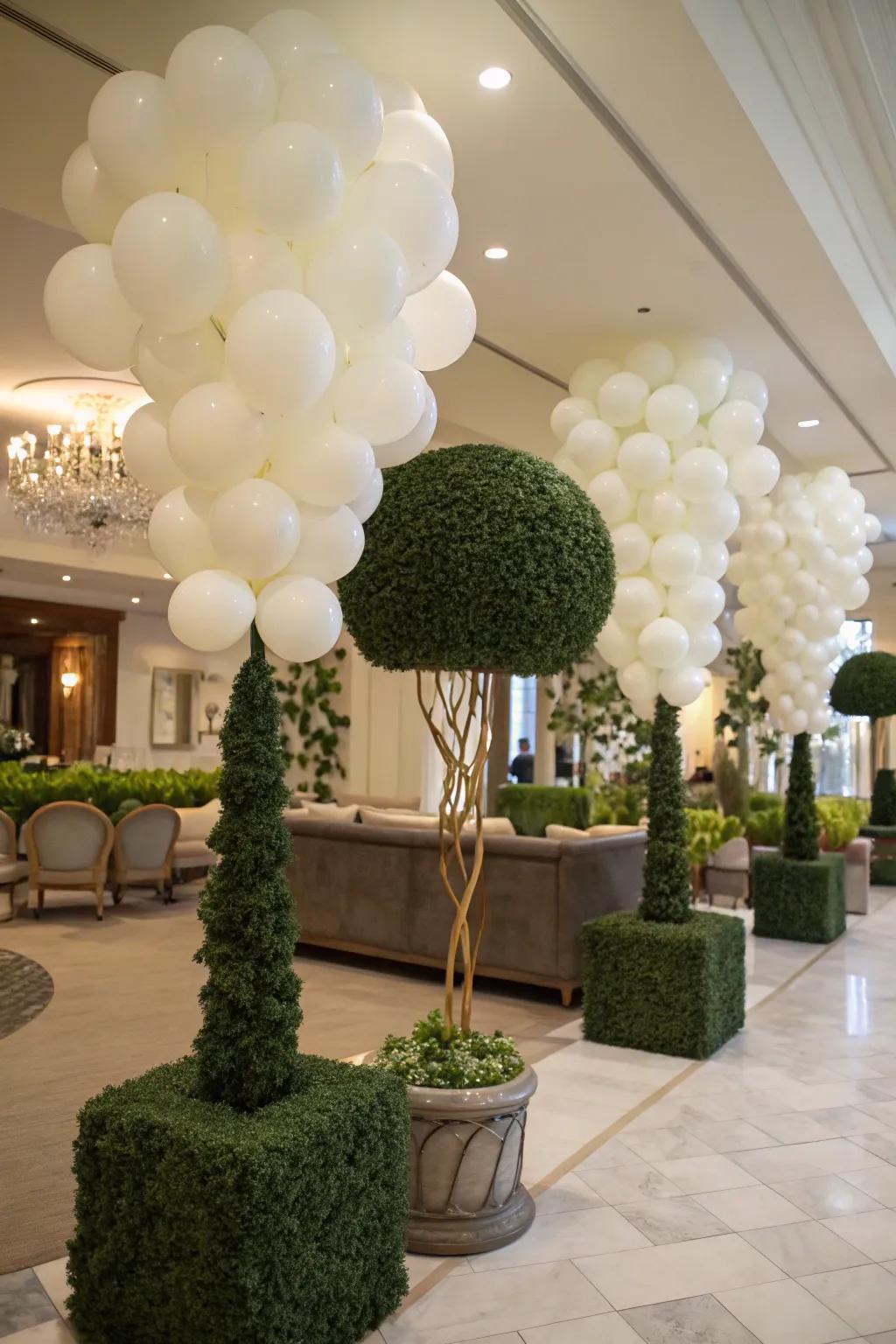 Balloon formations offer a garden-influenced elegance to indoor environments.