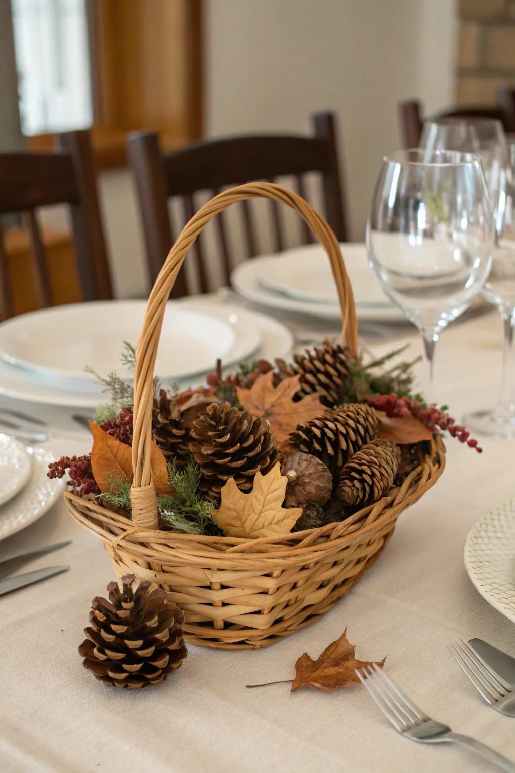 Baskets bring seasonal charm to dining tables.