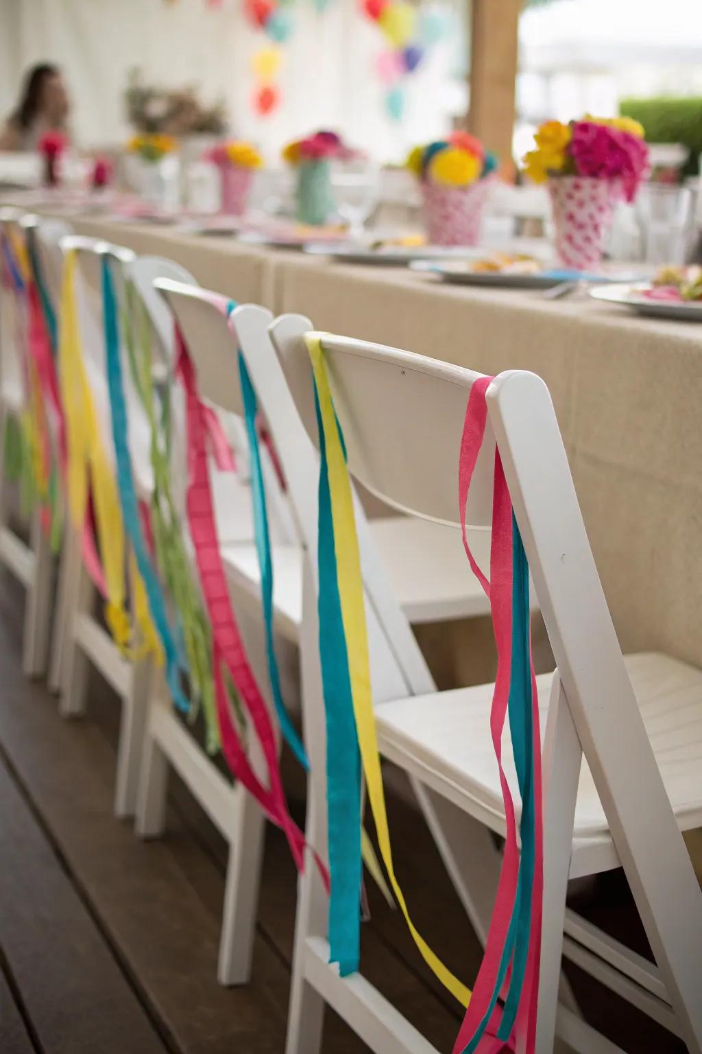 Enhance chairs using colorful ribbon aesthetic.