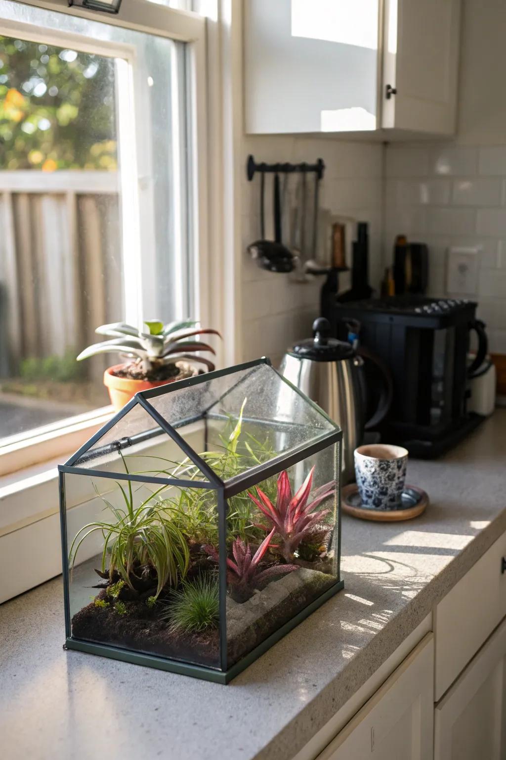 A miniature greenhouse exhibiting <strong>air plants</strong> to produce a tabletop garden.” loading=”lazy” class=”pimg”>
	</picture><figcaption>A miniature greenhouse exhibiting <strong>air plants</strong> to produce a tabletop garden.</figcaption></figure>
<p>Form a miniature greenhouse by sheltering <strong>air plants</strong> inside compact glass enclosures. This micro-garden is exemplary for tabletops and windowsills.</p>
<h3>Explore these options:</h3>
<ul class=