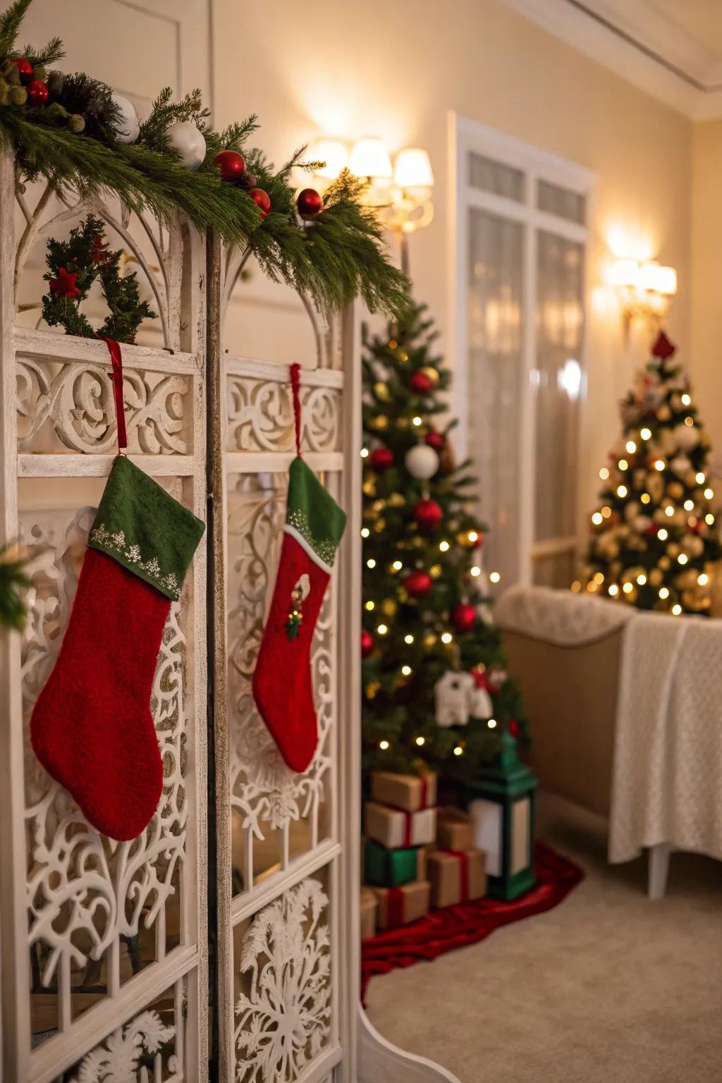 A room divider provides an artful background for stockings.