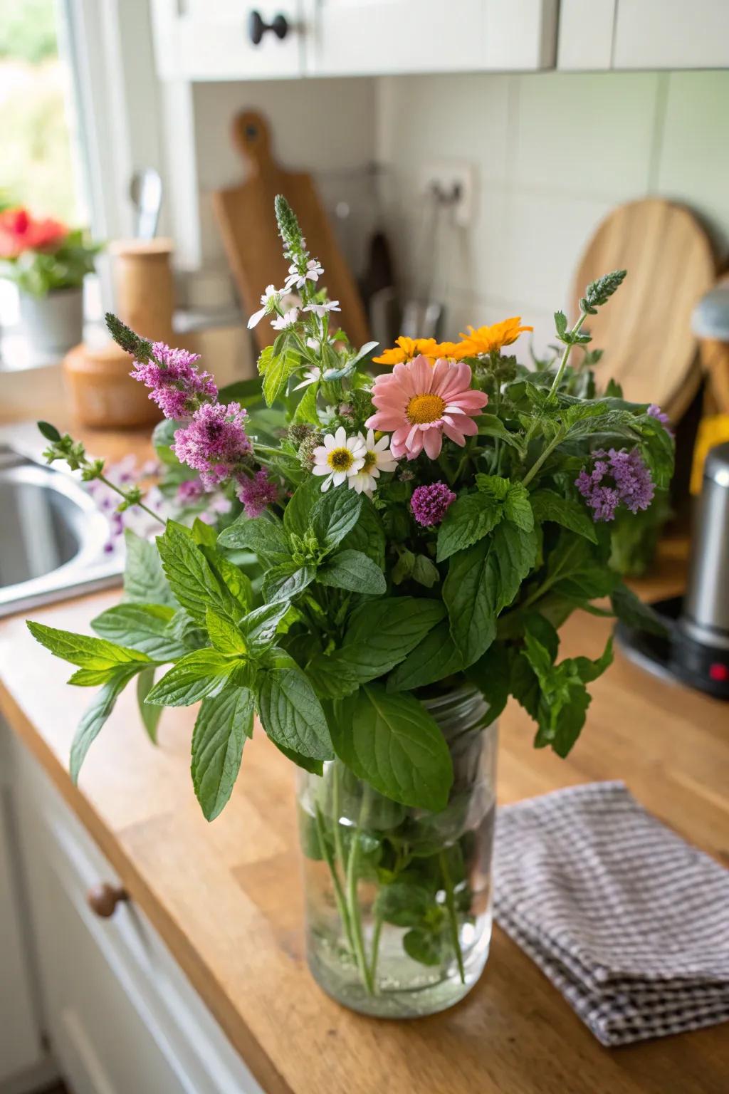 A fragrant and edible floral arrangement within the cooking space.