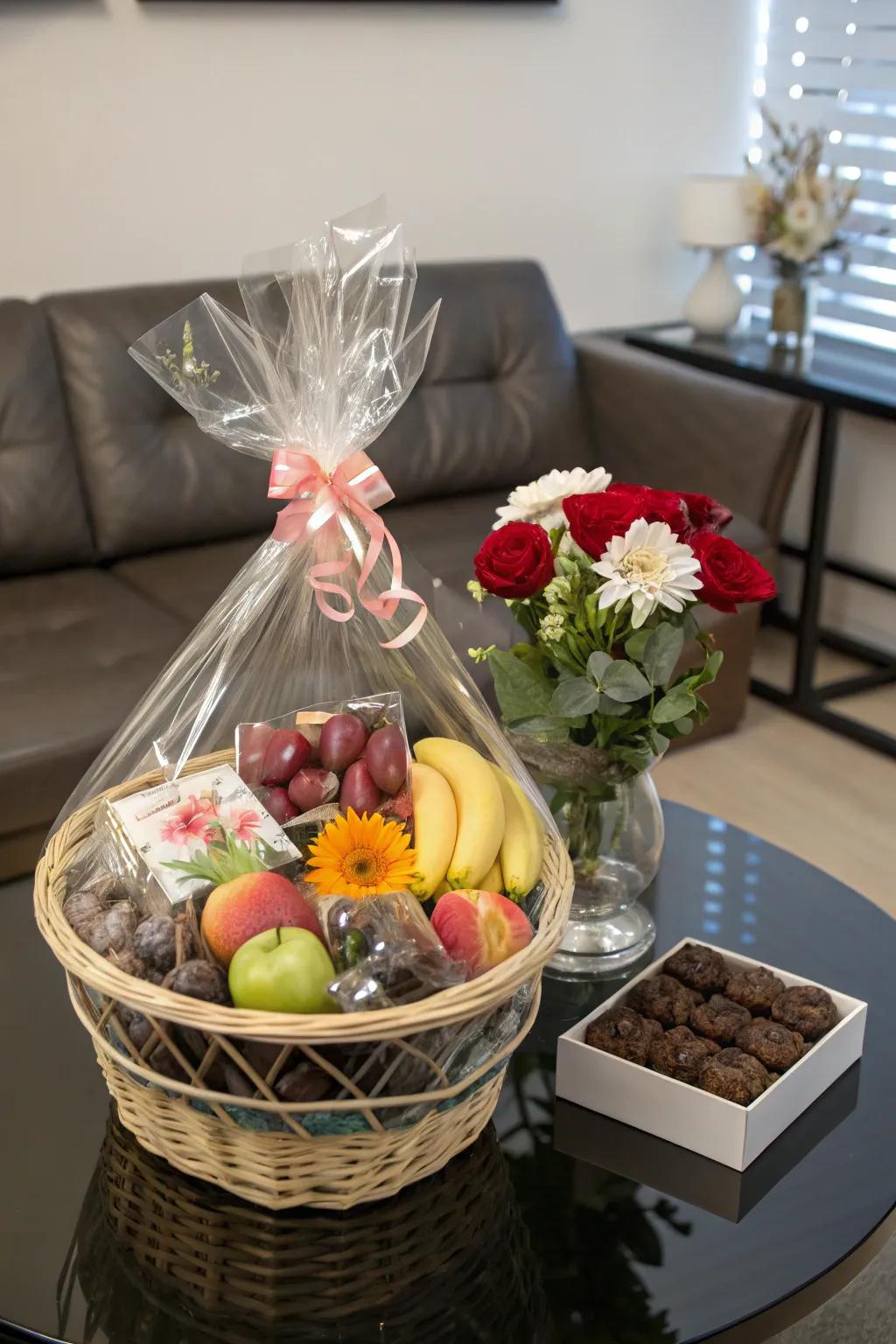 Transparent wraps accentuate the allure of the basket’s contents.