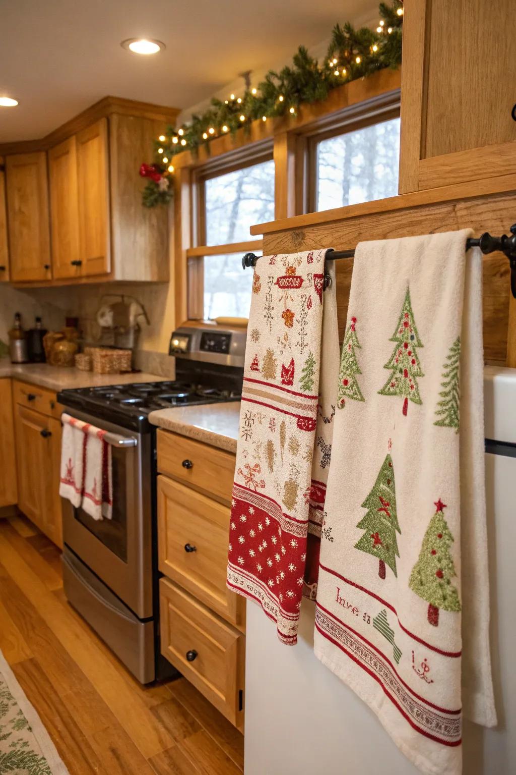 Holiday-themed linens introducing cheer to the cooking area.