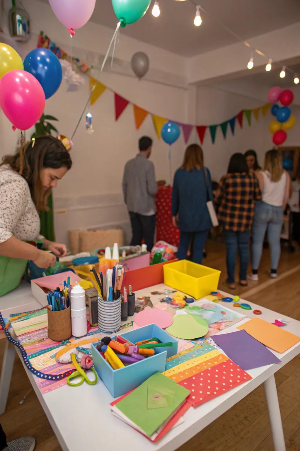 A creative indoor party showcasing a DIY craft spot.