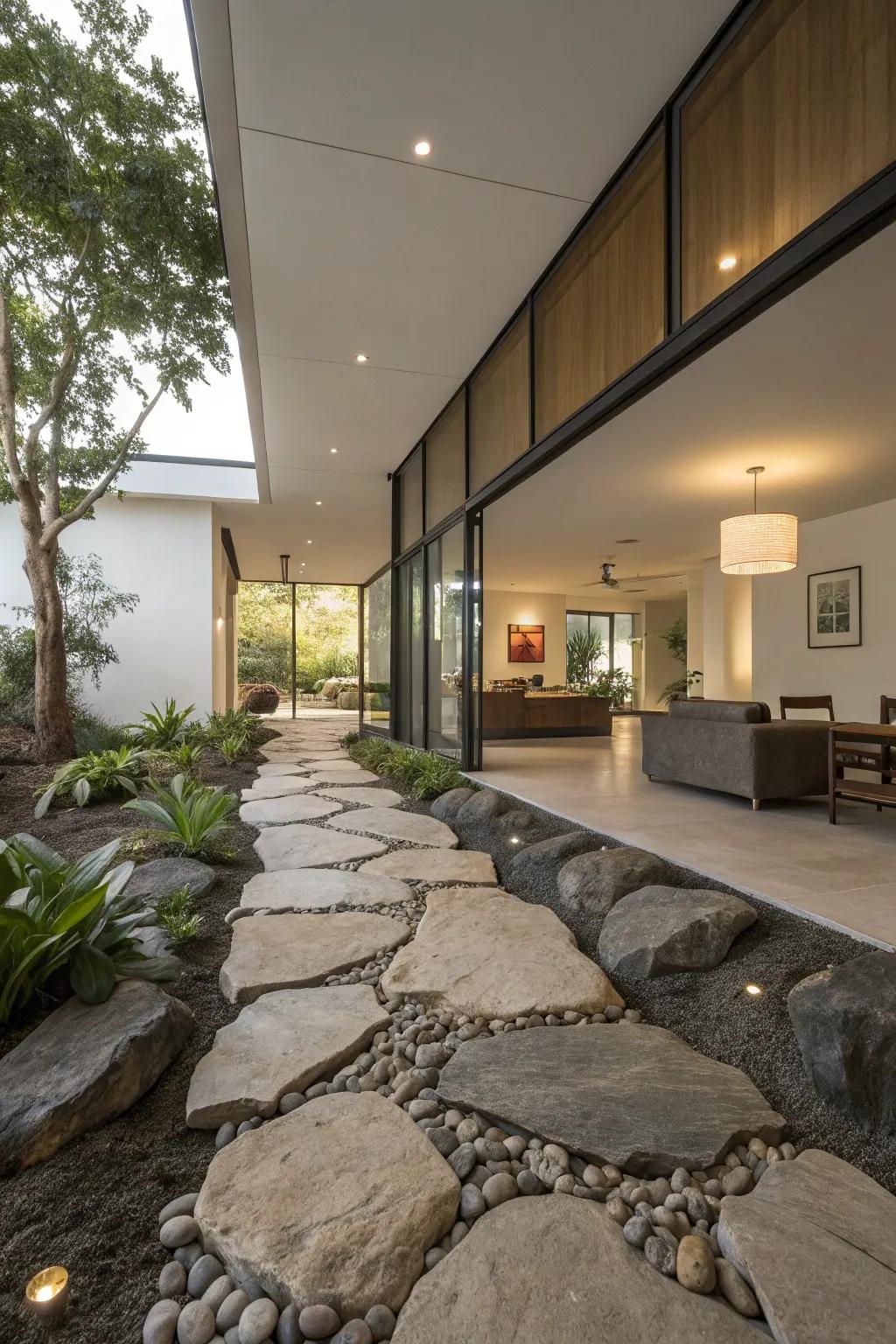An inside stone path navigates movement through style and ingenuity.
