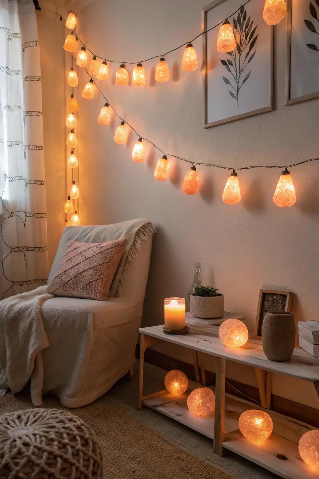 Create a soothing ambiance with Himalayan salt twinkle lights.