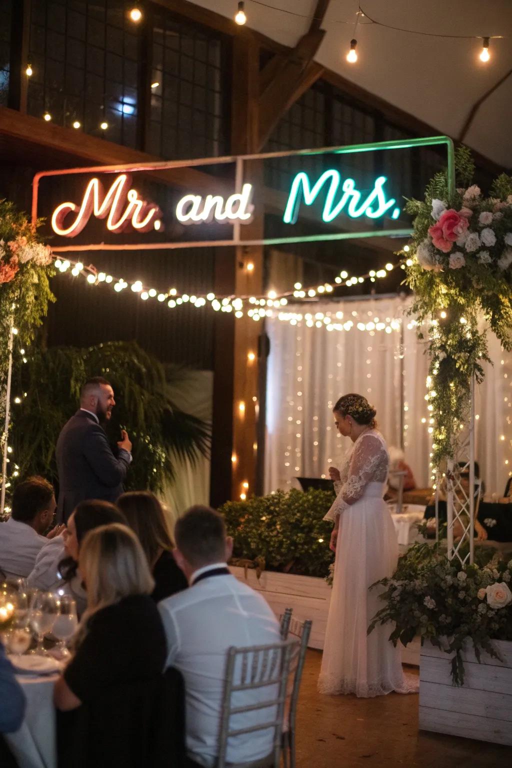 Neon signs add a personalized and modern accent.
