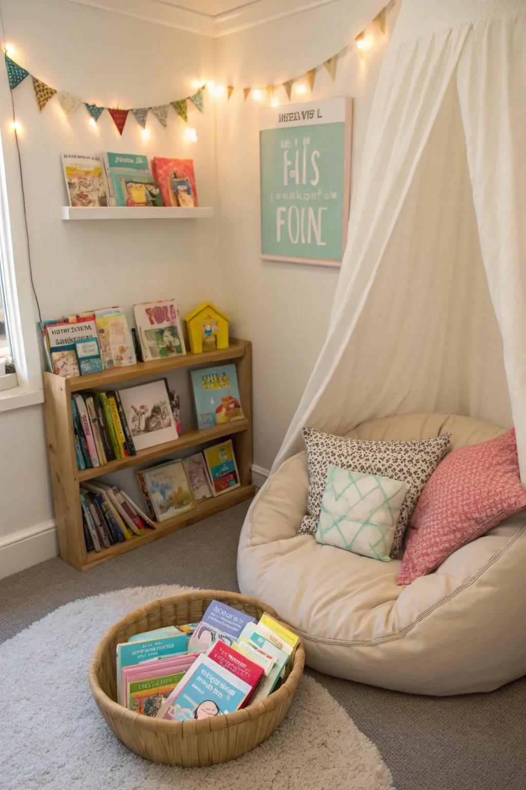A reading corner encourages early language growth.