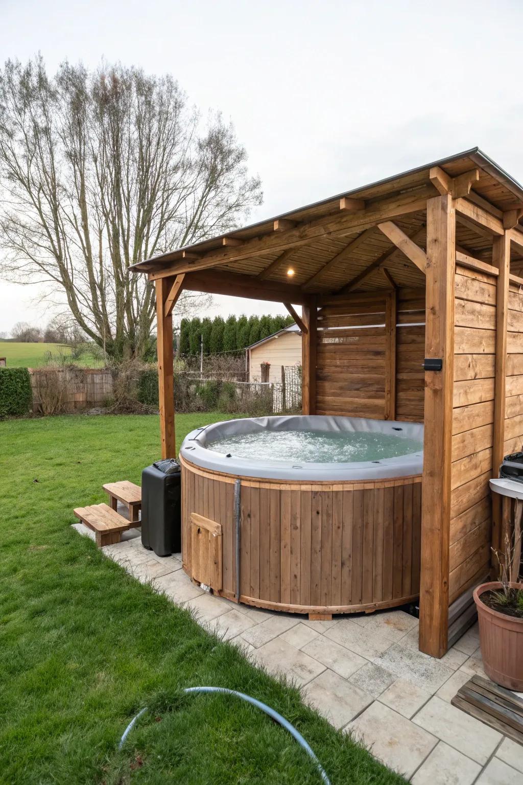 A timber enclosure imparts a rustic allure to the spa.