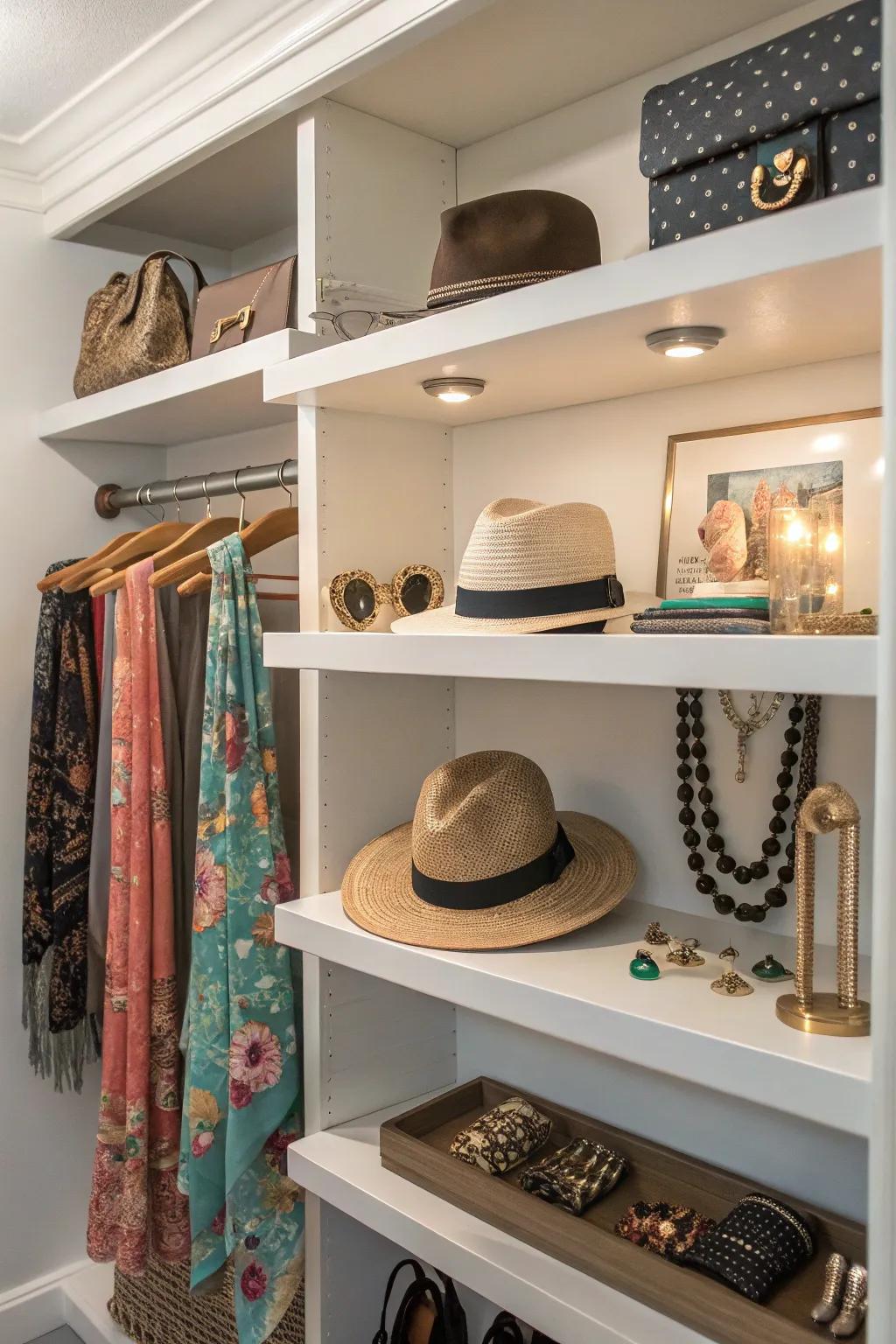 Add a chic display area using stylish wall-mounted shelves in your closet.