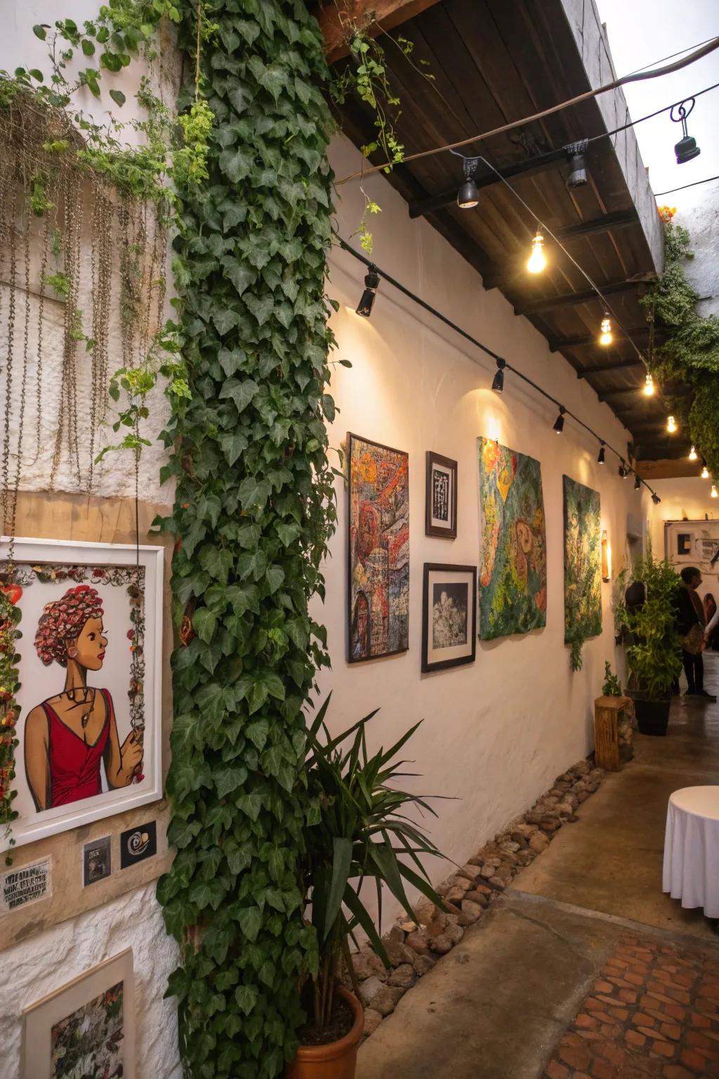 An eclectic botanical feature combined with art pieces, displaying personality and flair.