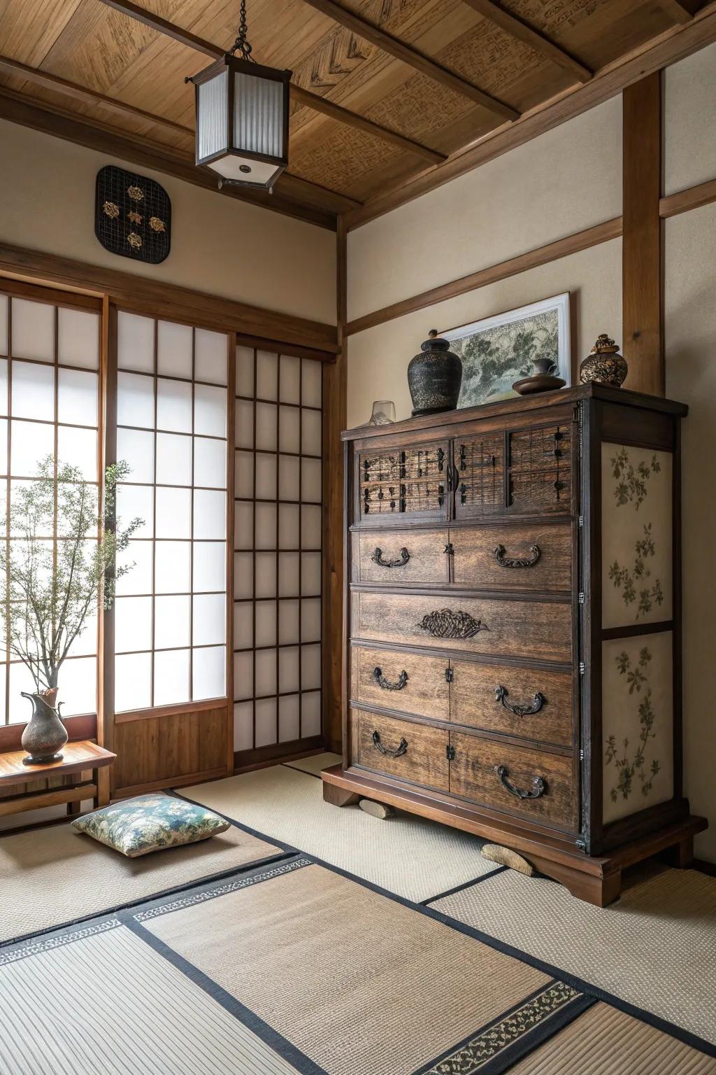 A tansu chest combines function and tradition in this organized living space.