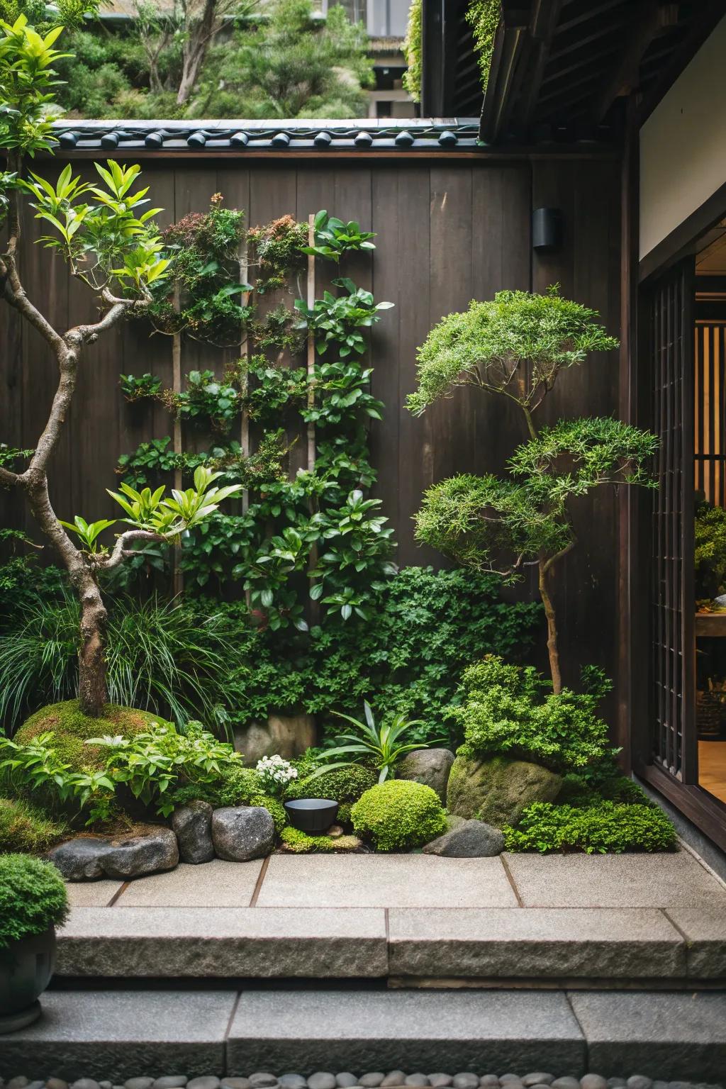 A Japanese-inspired vertical garden showcasing rich greenery.