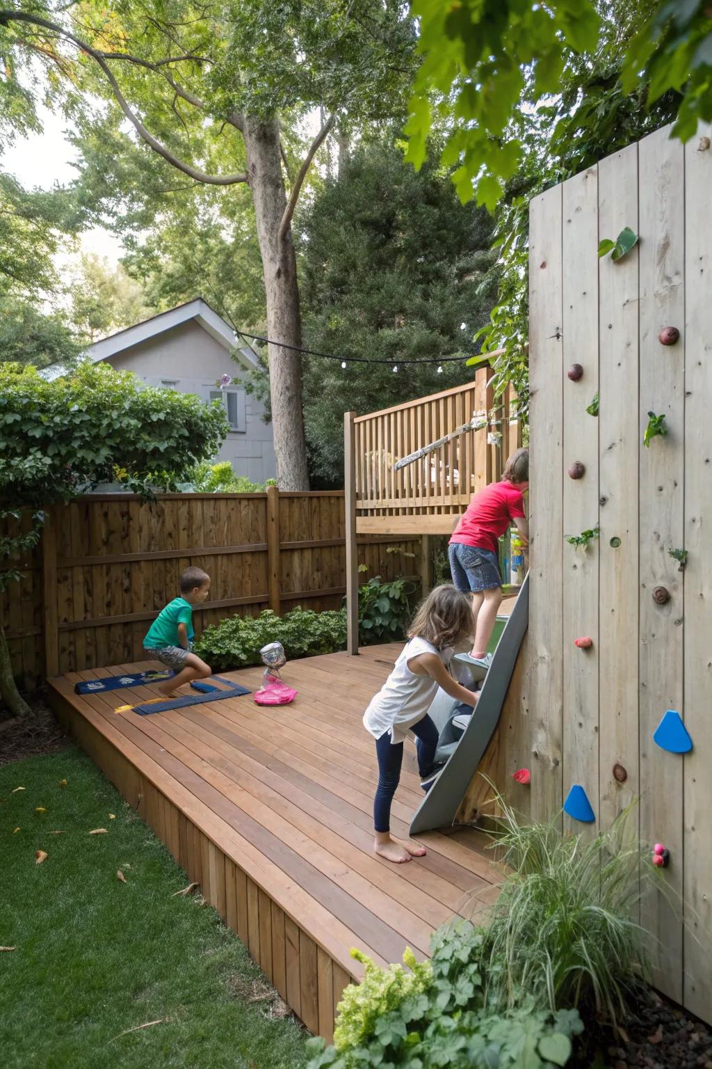 A deck featuring a small climbing frame where children are playfully climbing and enjoying.