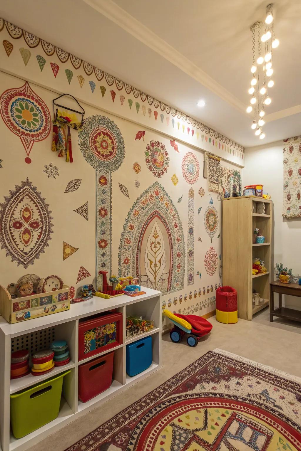 A playroom displays cultural motif wallpaper, weaving personal history into design.
