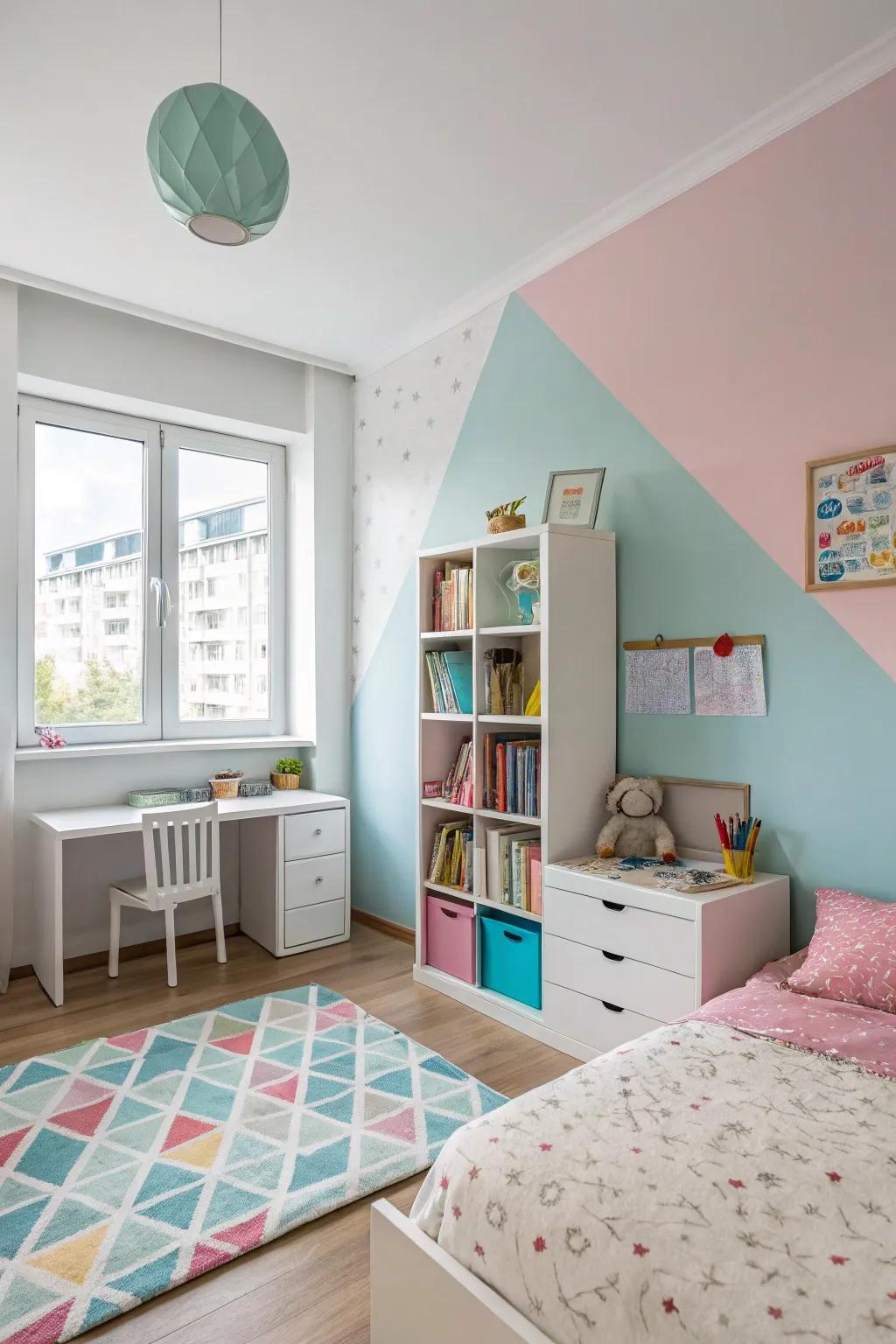 Walls with two hues define zones with balanced style.