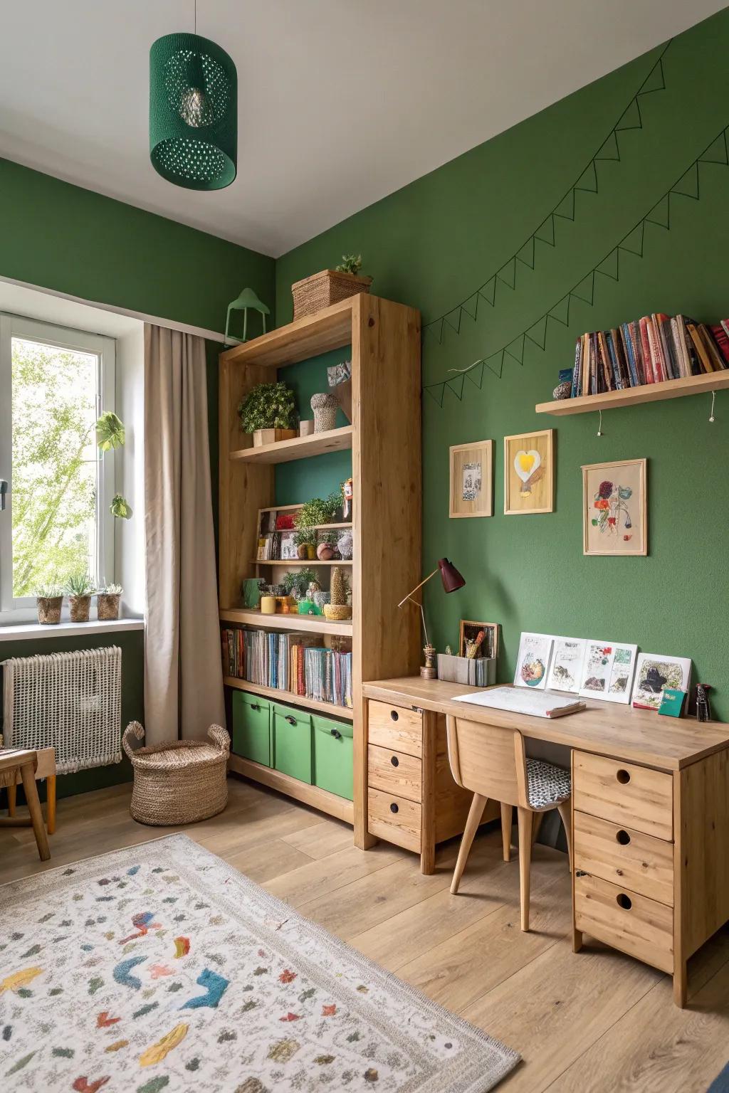 Woodland green connects the room with the beauty of nature.