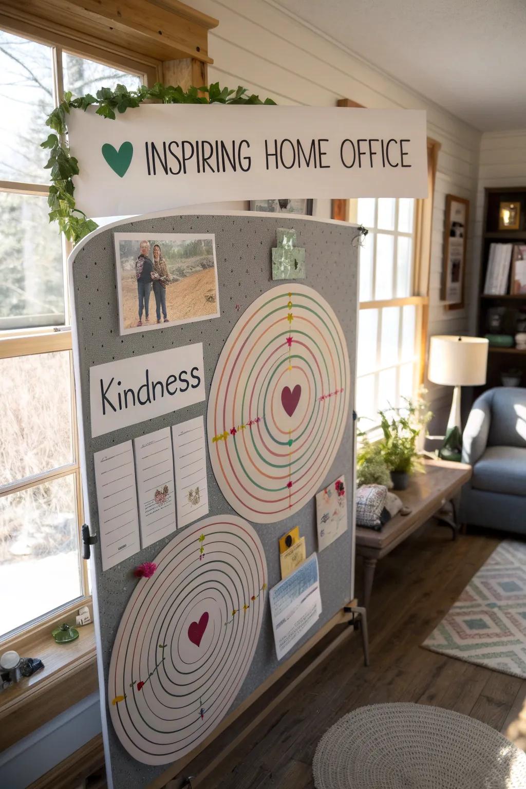An inspiring home office domino effect board illustrating the spreading impact of kindness.