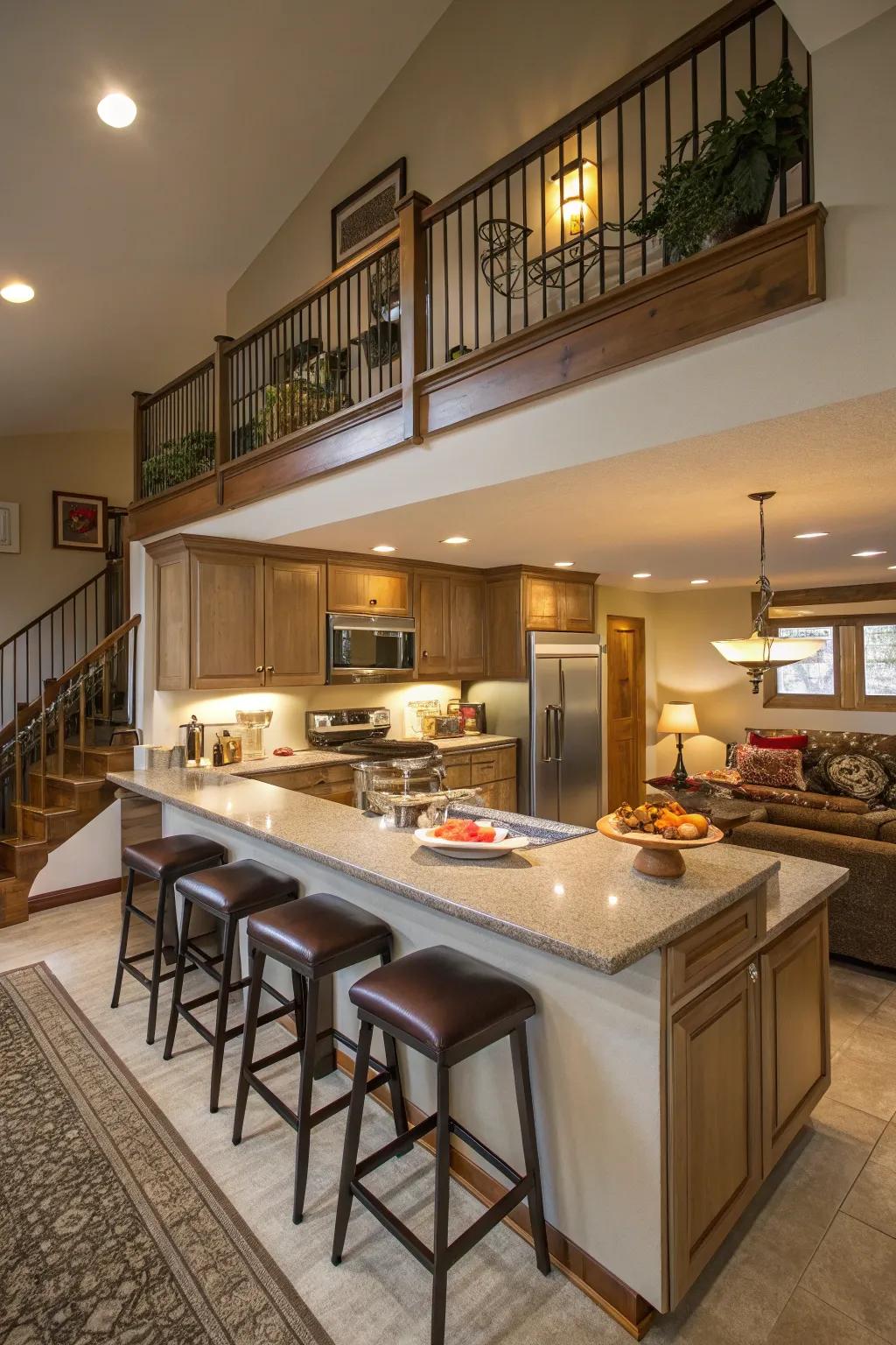 A two-tier bar for cooking and dining.