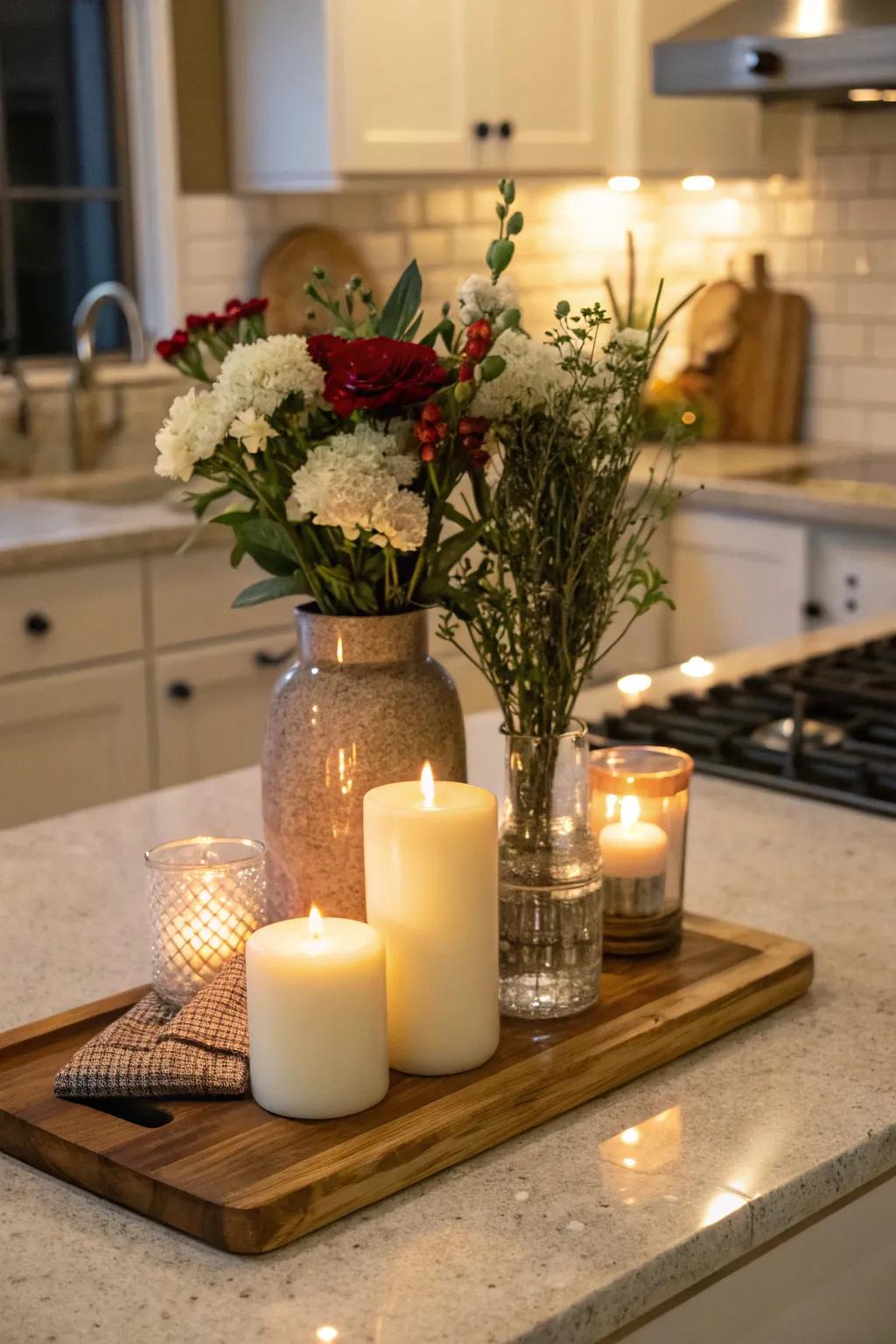 A chopping surface as a foundation for presentation articles constructs a balanced centerpiece.