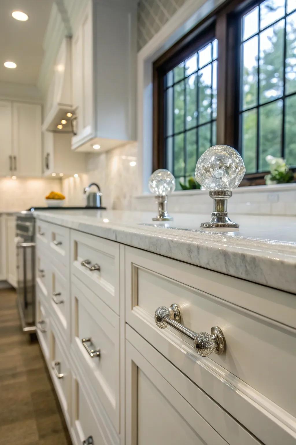 Crystal buttons add glamour and a touch of sparkle to kitchen décor.