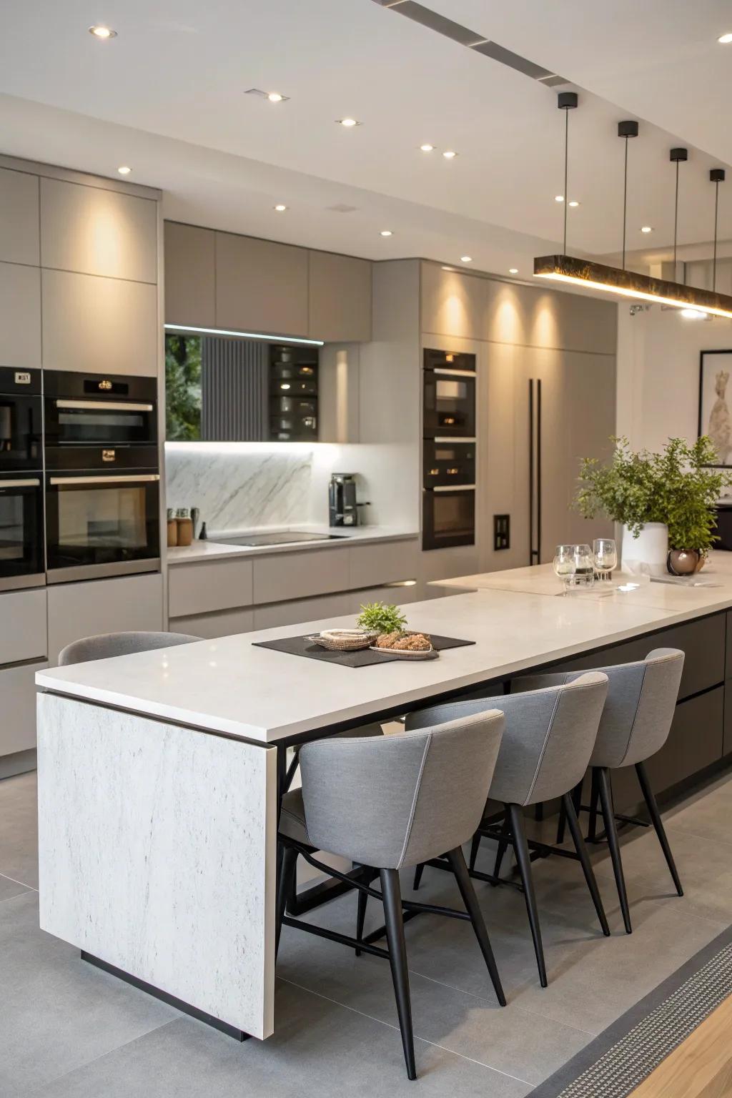 Integrated appliances craft a seamless kitchen design.