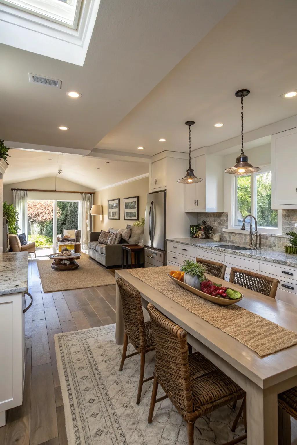 A culinary space designed as a multi-functional area for various activities.