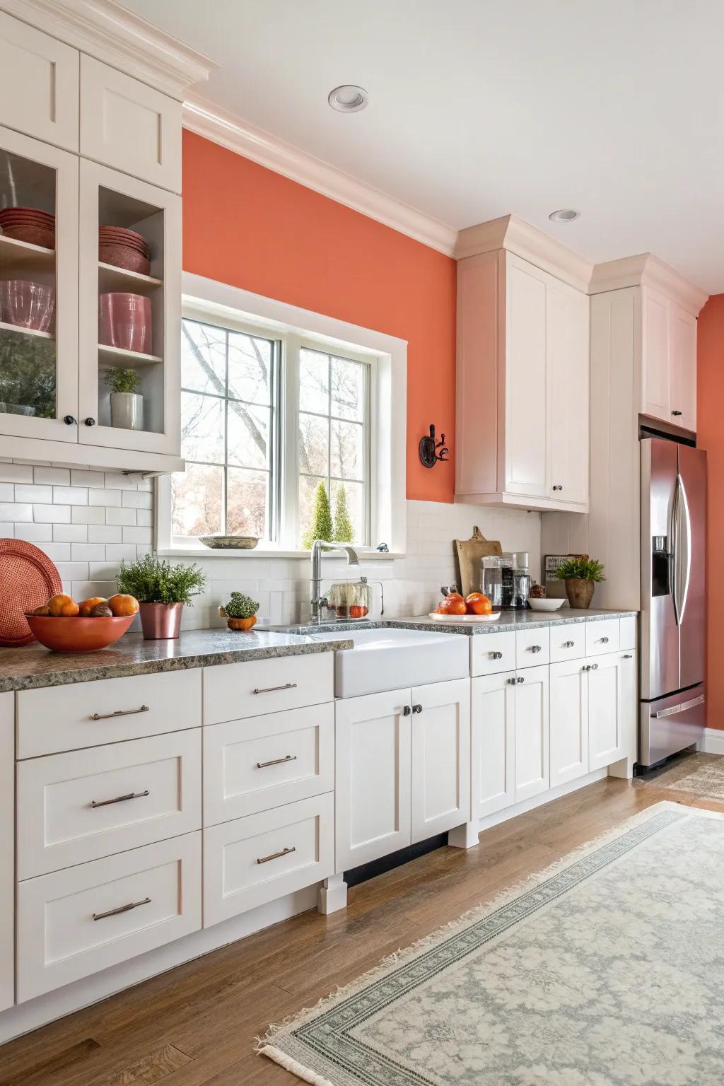 Bold coral walls provide a vibrant and energetic contrast.