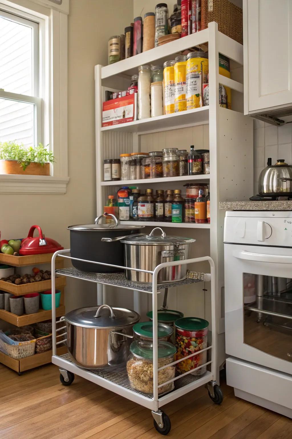 A mobile cart adds flexible storage choices.