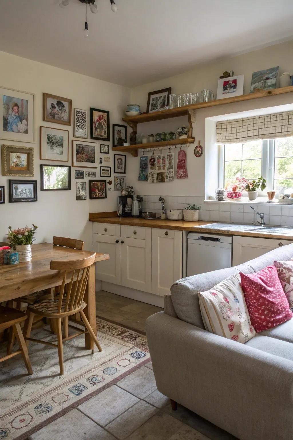 A kitchen sofa area personalized with family photos and artwork, creating an inviting and intimate atmosphere.