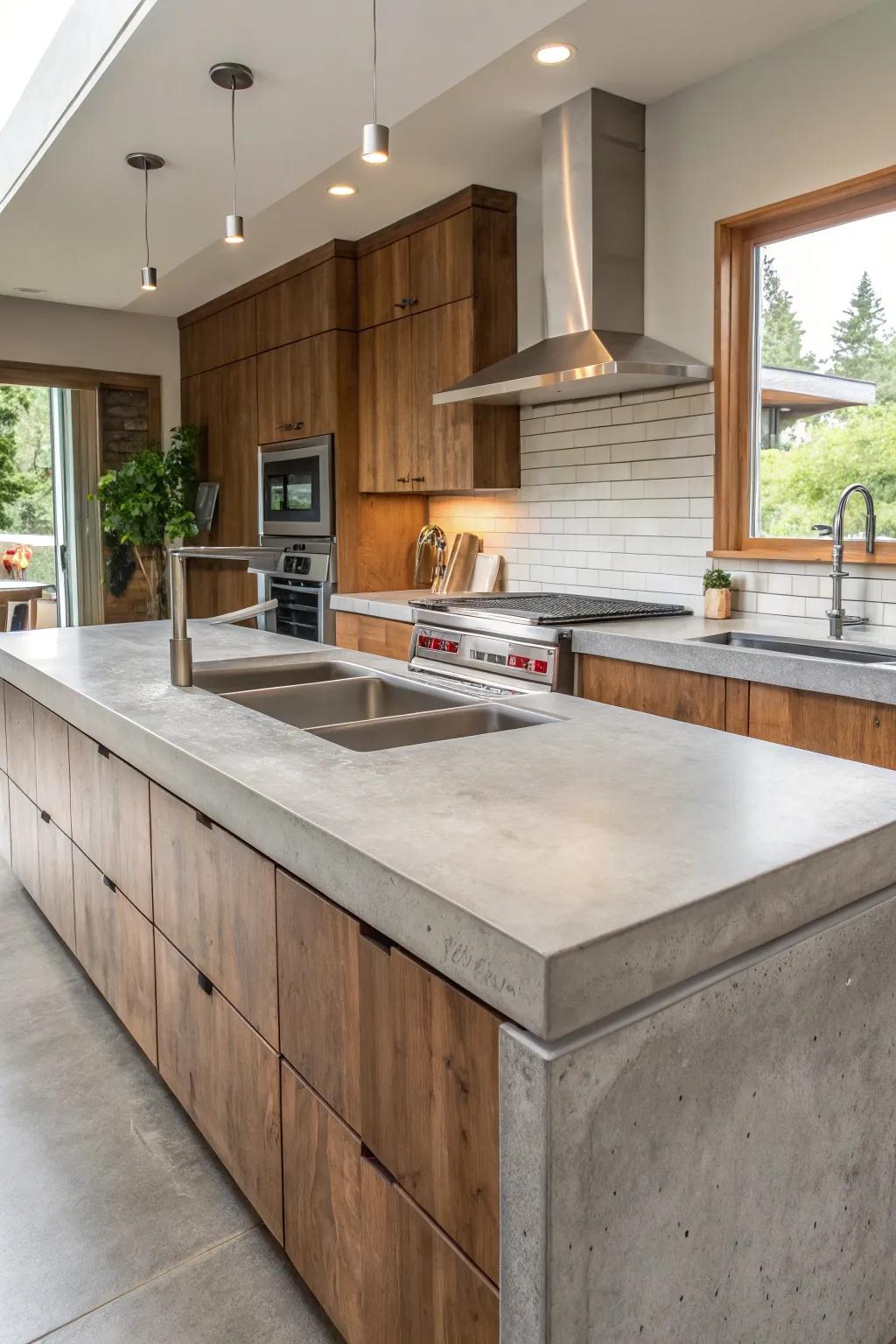 A kitchen featuring multi-level concrete worktops for functional delineation.