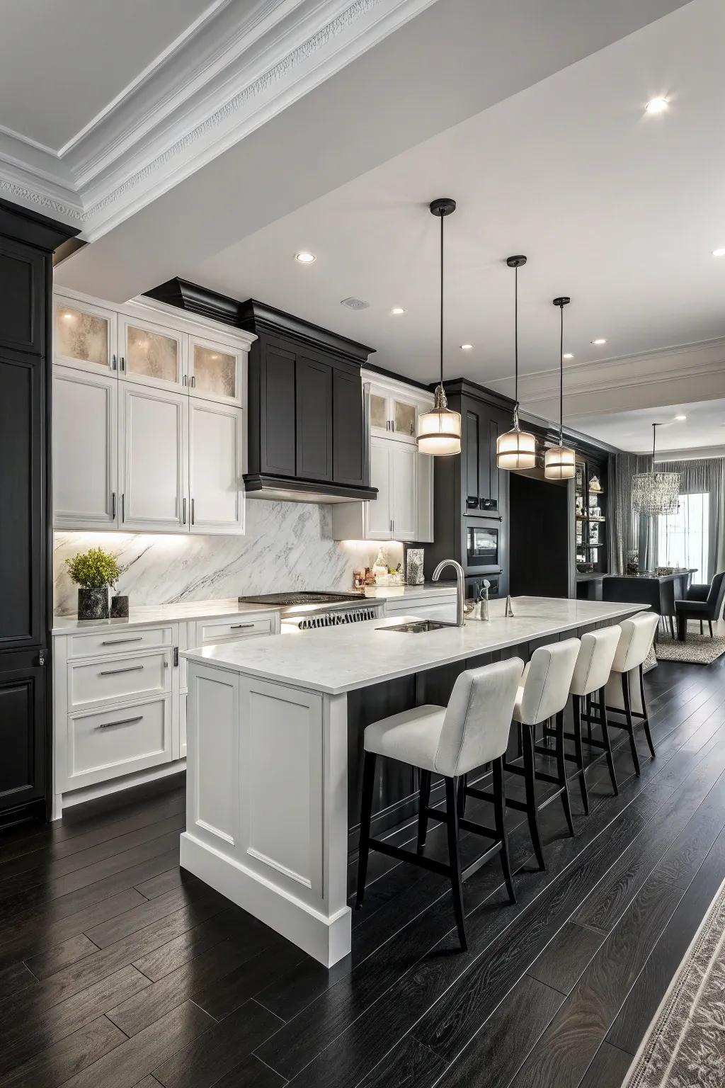 A chic black and white design pairs beautifully with deep floors.