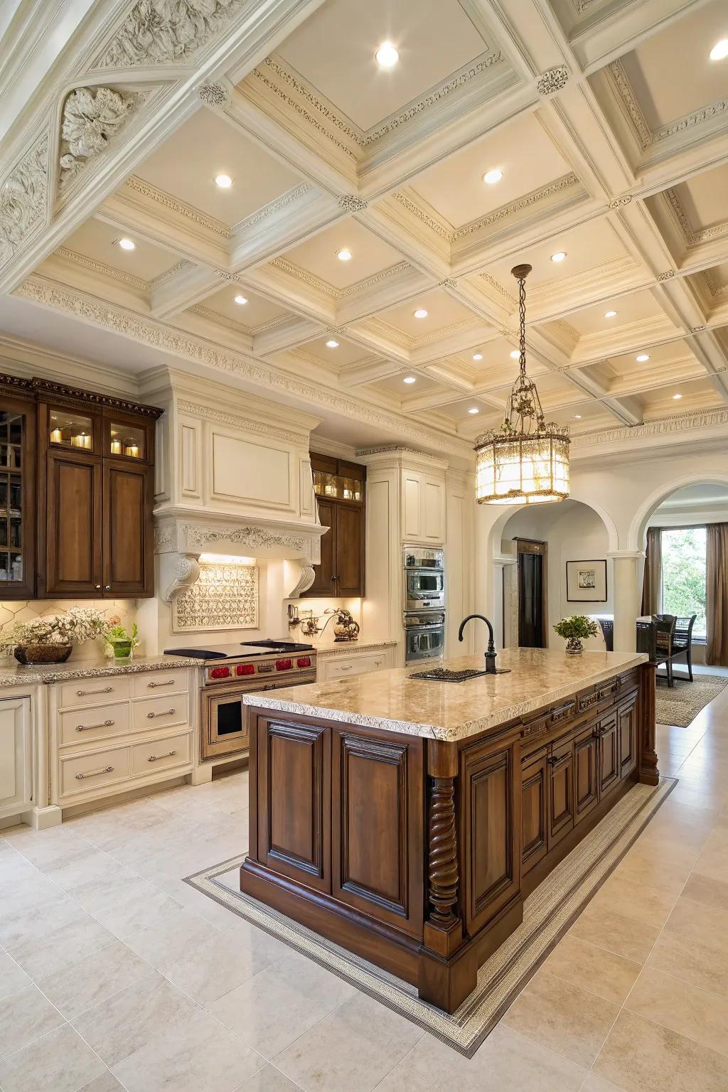 Coffered ceilings contribute sophistication and depth to the kitchen.