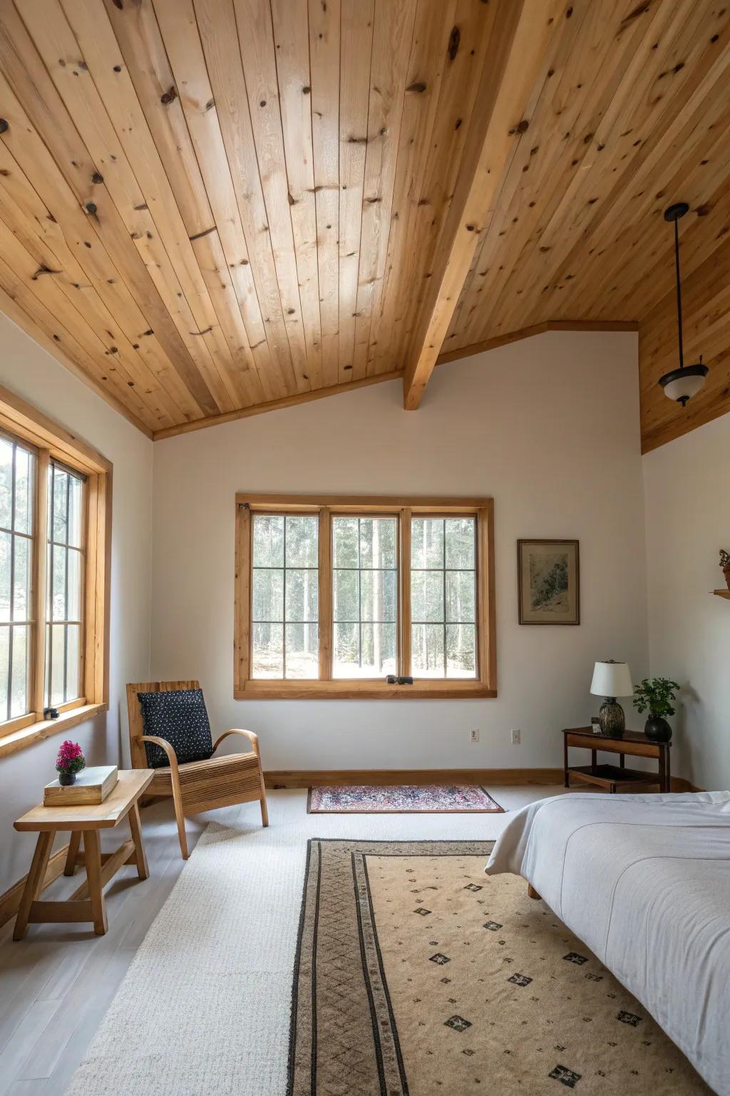 A minimalist room where the pine clad ceiling is the center point.