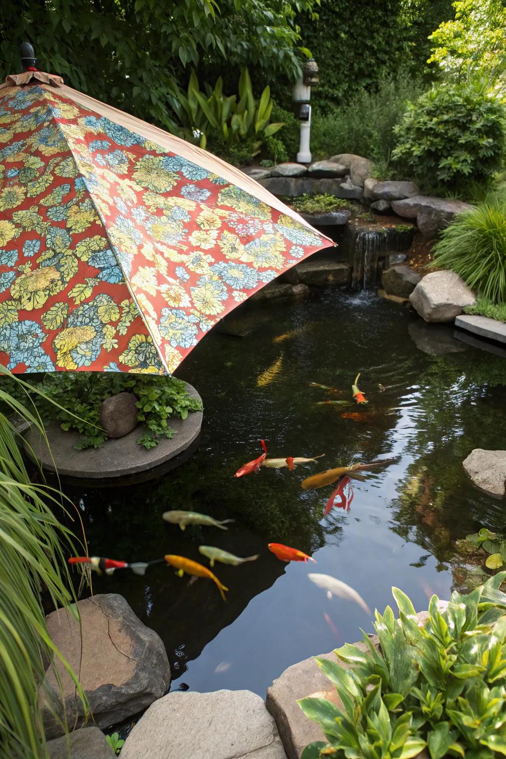 Unique fabric covers in colorful designs create shade for a koi pond.
