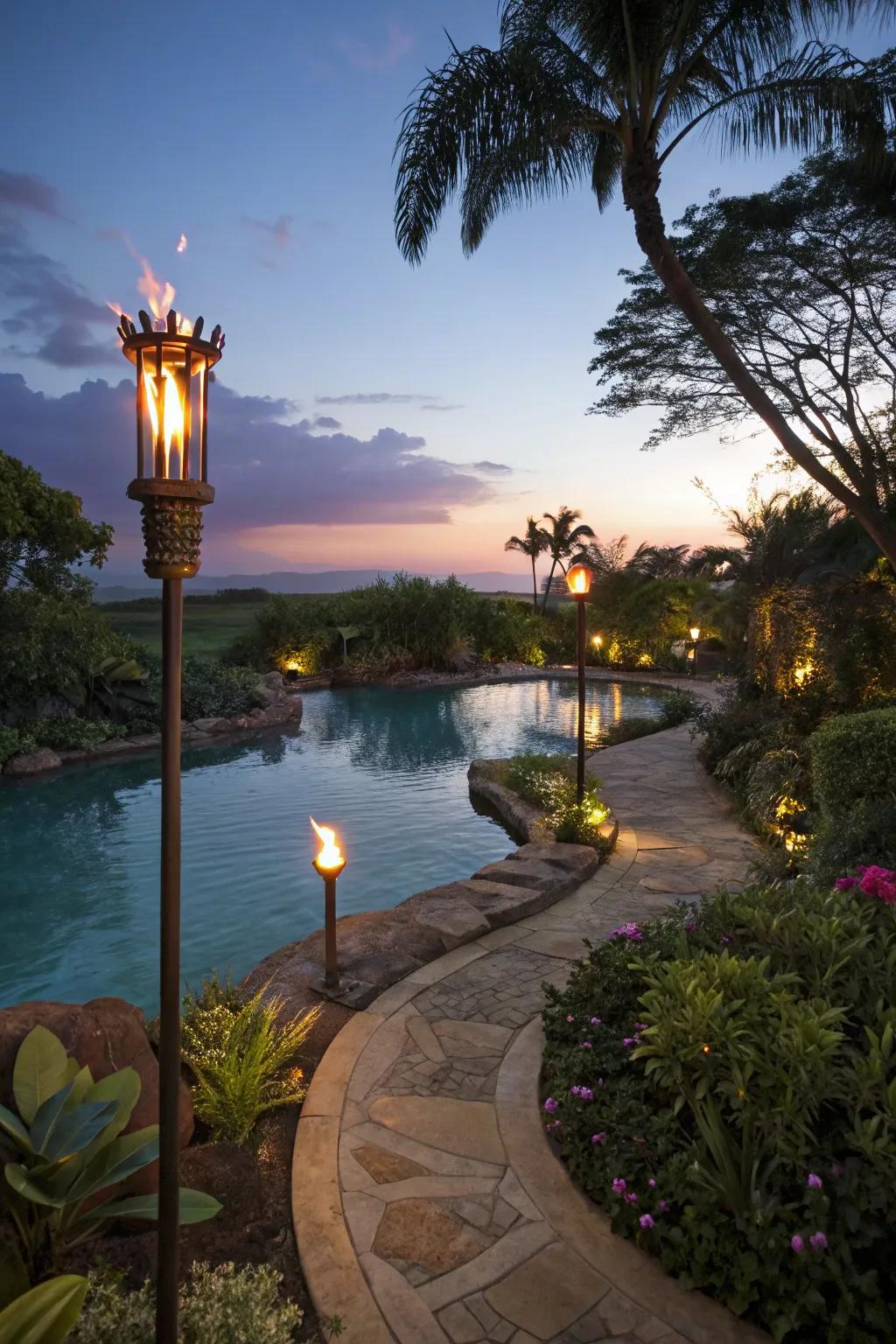 Tiki lights add festive lighting to lagoon pools.