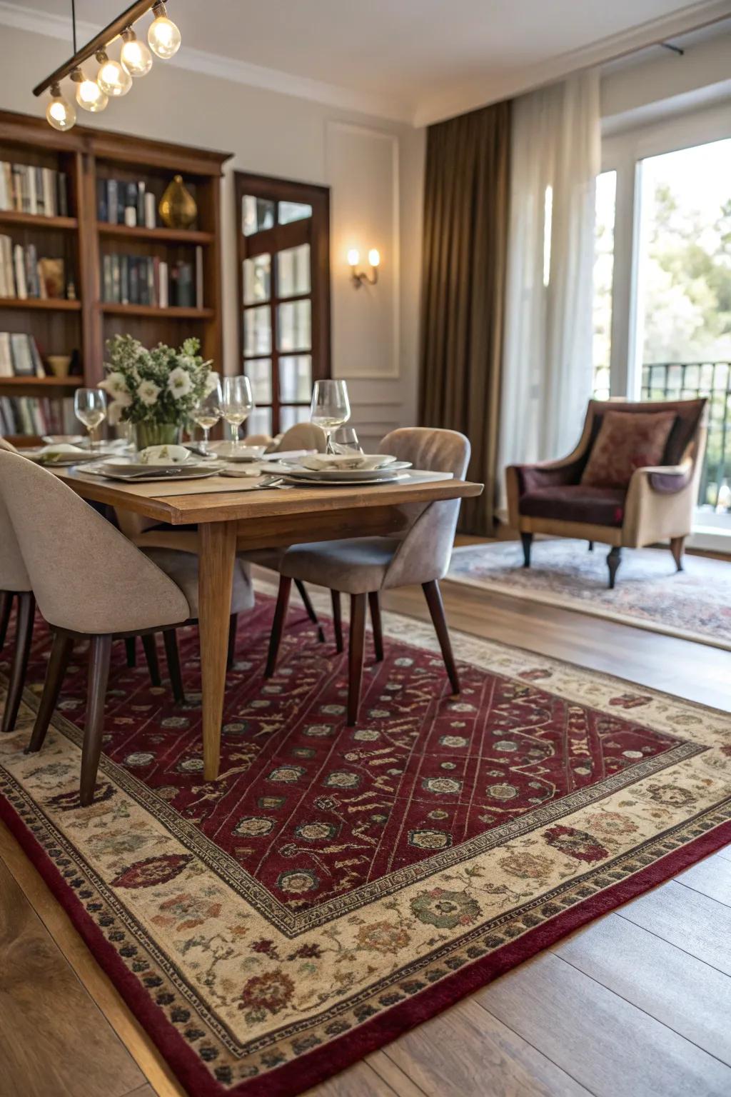 A rug can delineate the dining area and add warmth.