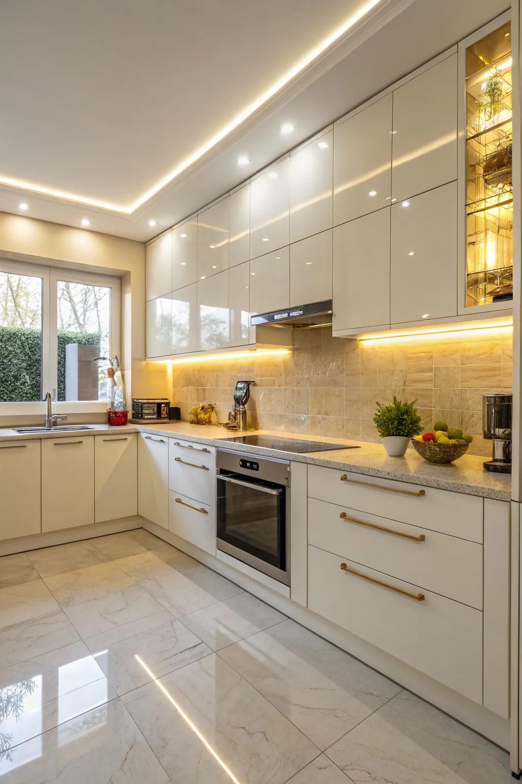 Glossy layered backsplash mirrors light to brighten the space.