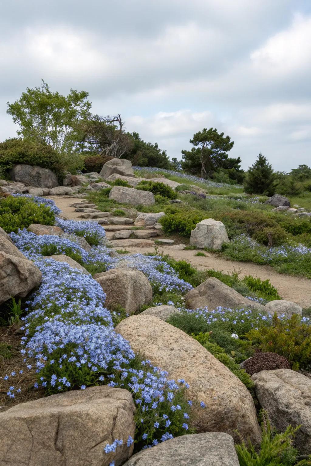 A stony garden spotlighting dispersed cerulean blossom blooms for supplementary hue.
