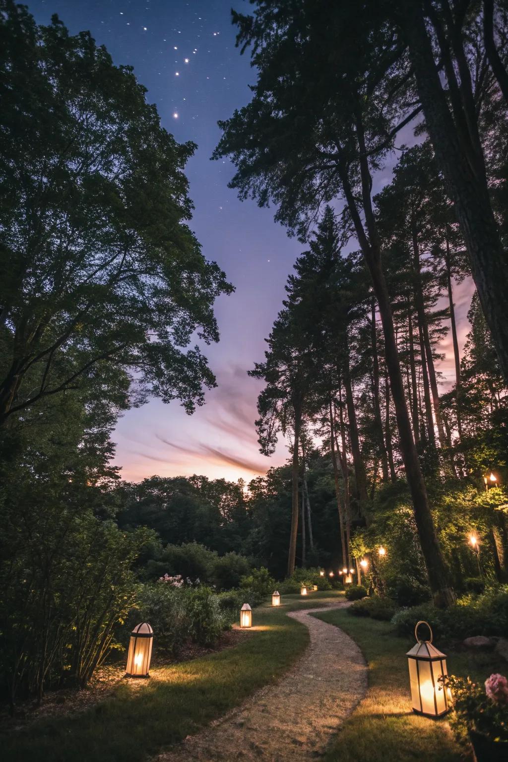 A softly illuminated woodland path crafting an enchanting evening atmosphere.