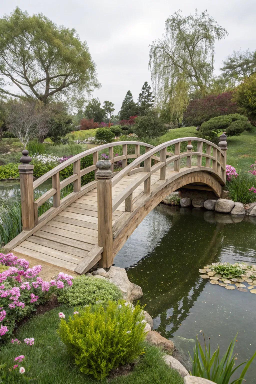 A timber footbridge adds a charming focal point over water.