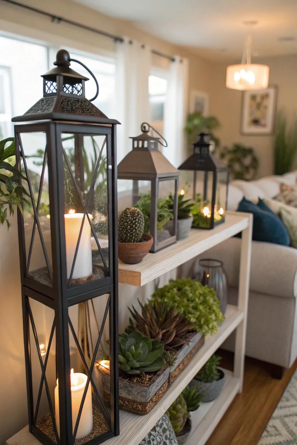 Lanterns with greens add an unexpected flourish of greenery.